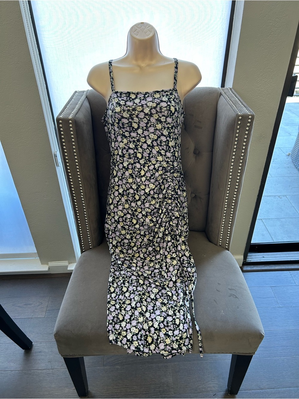 Hollister Floral Square-Neck Midi Dress - Black with Lilac & White Flowers